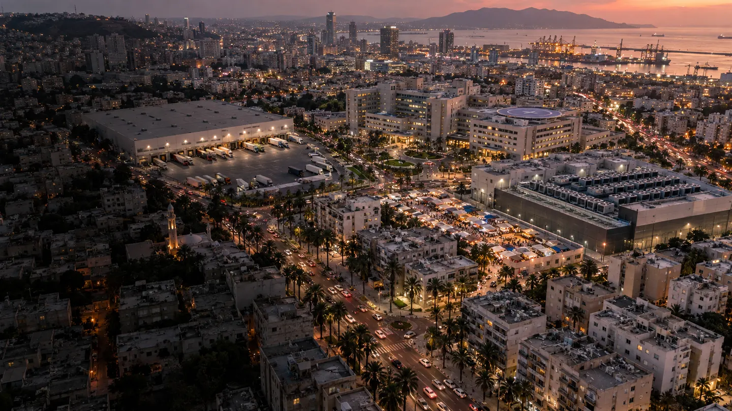 A city at dusk seen from the air: a hospital, a data centre, a market and homes, each marked where it needs cold.
